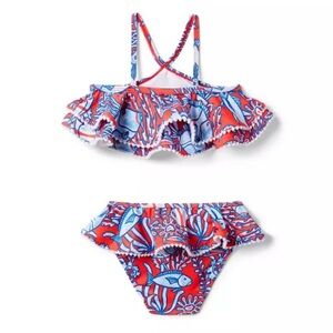 Janie and Jack Girls Two-Piece Ruffle Bikini in Red & Light Blue Fish Print